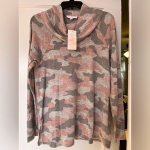 New Directions Pink and Gray Camo Cowl Neck Top
